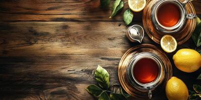 Tea and lemon on wooden table with leaves photo