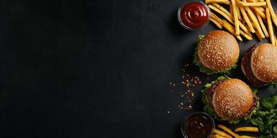 Hamburger and french fries on a black background photo