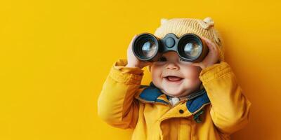 A child in yellow jacket looking through binoculars photo