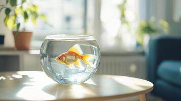 A goldfish is sitting in a bowl on a table photo