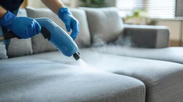 A person in blue gloves is cleaning a couch with steam photo