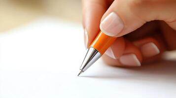 A person holding an orange pen and writing on a piece of paper photo