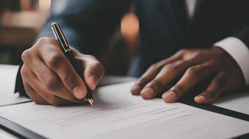 A man signing a contract with a pen photo
