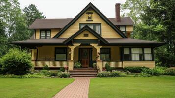 A yellow house with a black roof photo