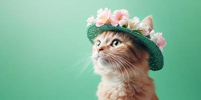 A cat wearing a green hat with flowers on it photo