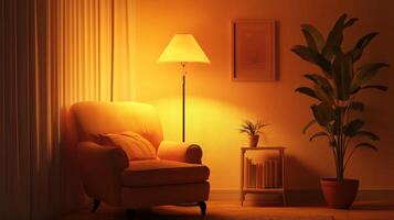 A chair and lamp in a room photo
