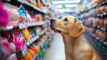 A dog is looking at a shelf of toys photo