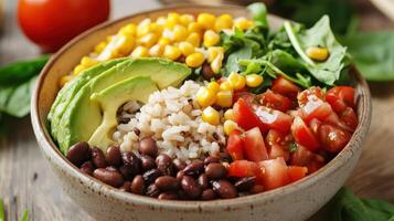 A bowl of rice, beans, corn, tomatoes and avocado photo