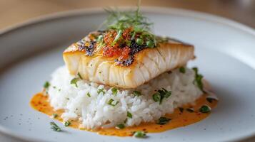 A white plate topped with a fish and rice photo