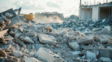 A pile of rubble and rubble in front of a building photo