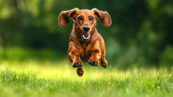 A dachshund dog running through the grass photo