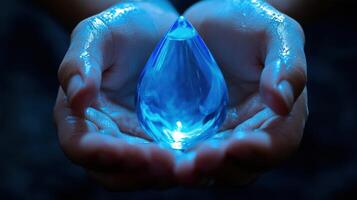 A person holding a blue water drop in their hands photo