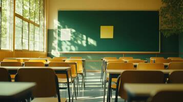 Empty classroom with yellow sticky notes on the blackboard photo