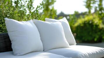 White pillows on a wicker bench in front of a green plant photo