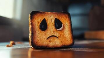 A piece of toast with a sad face on it photo