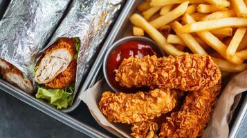 Chicken nuggets and fries in a metal tray photo