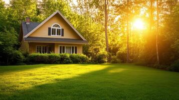 A small house in the middle of a green field photo