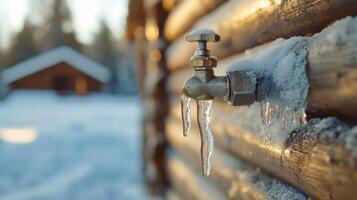 A water faucet is attached to a wooden wall photo