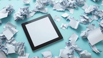 Tablet pc with blank screen on blue background with crumpled paper photo