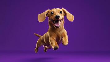 A dachshund dog is jumping in the air on a purple background photo