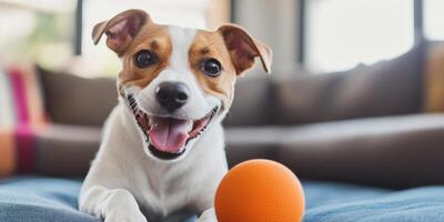 A dog playing with an orange ball photo