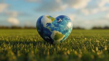 Earth in heart shape on green grass photo