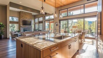 A large open kitchen with a large island and a fireplace photo