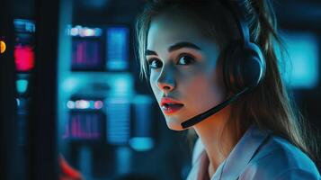 A woman wearing headphones in a call center photo