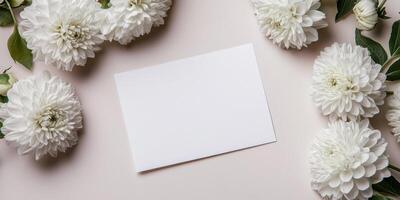 White flowers and blank card on pink background photo