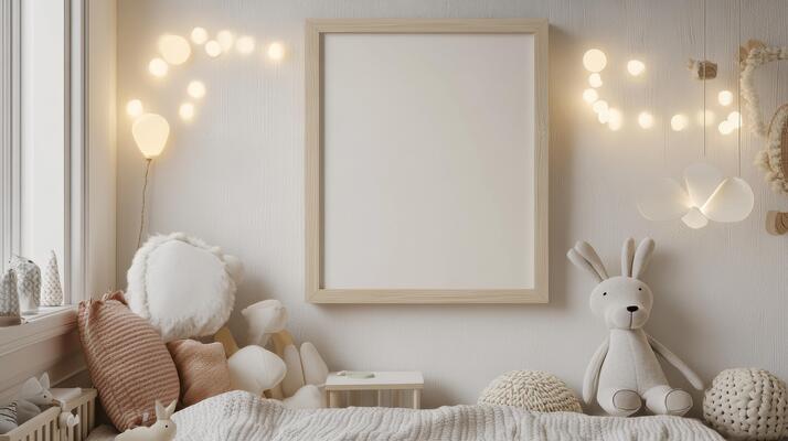 A white room with a bed, a white wall and a framed picture