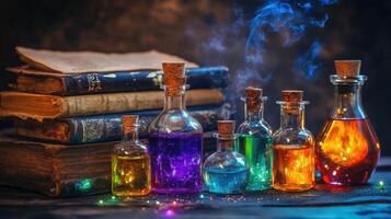 A group of colorful bottles and books with smoke photo