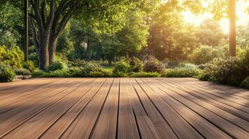 A wooden deck in the middle of a garden photo