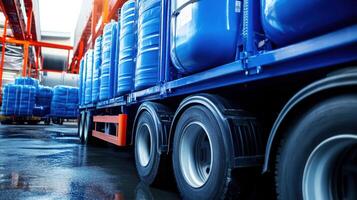 A large truck with blue barrels on the back photo