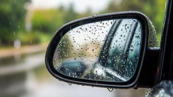A side view mirror with rain drops on it photo