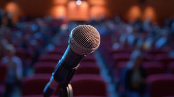 Microphone in front of a large audience in an auditorium photo