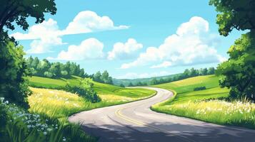 An animated road in the countryside with trees and flowers photo