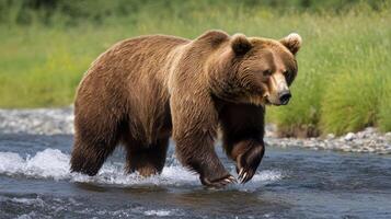 A brown bear walking in the water photo