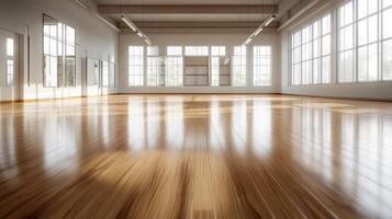 Empty room with wooden floor and large windows photo