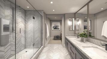 A modern bathroom with marble counter tops and a walk in shower photo