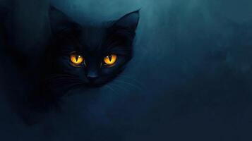A black cat with yellow eyes is looking at the camera photo