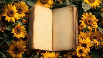 An open book surrounded by sunflowers photo