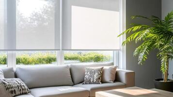 A living room with a couch, coffee table and window photo