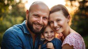A man and woman with a child in a park photo