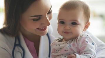 A woman holding a baby and smiling photo