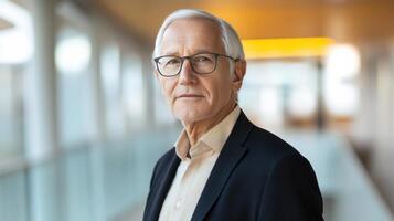 An older man wearing glasses and a suit photo