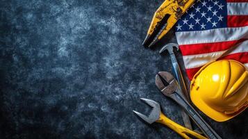A hard hat, a wrench and an american flag on a dark background photo