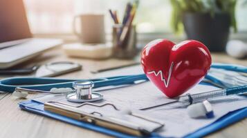 A red heart with a stethoscope on a desk photo