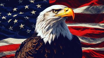 An eagle is standing in front of an american flag photo
