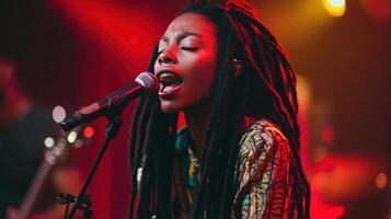 A woman with dreadlocks singing into a microphone photo