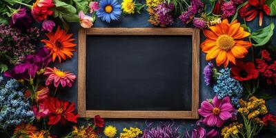Blackboard frame surrounded by flowers and leaves photo